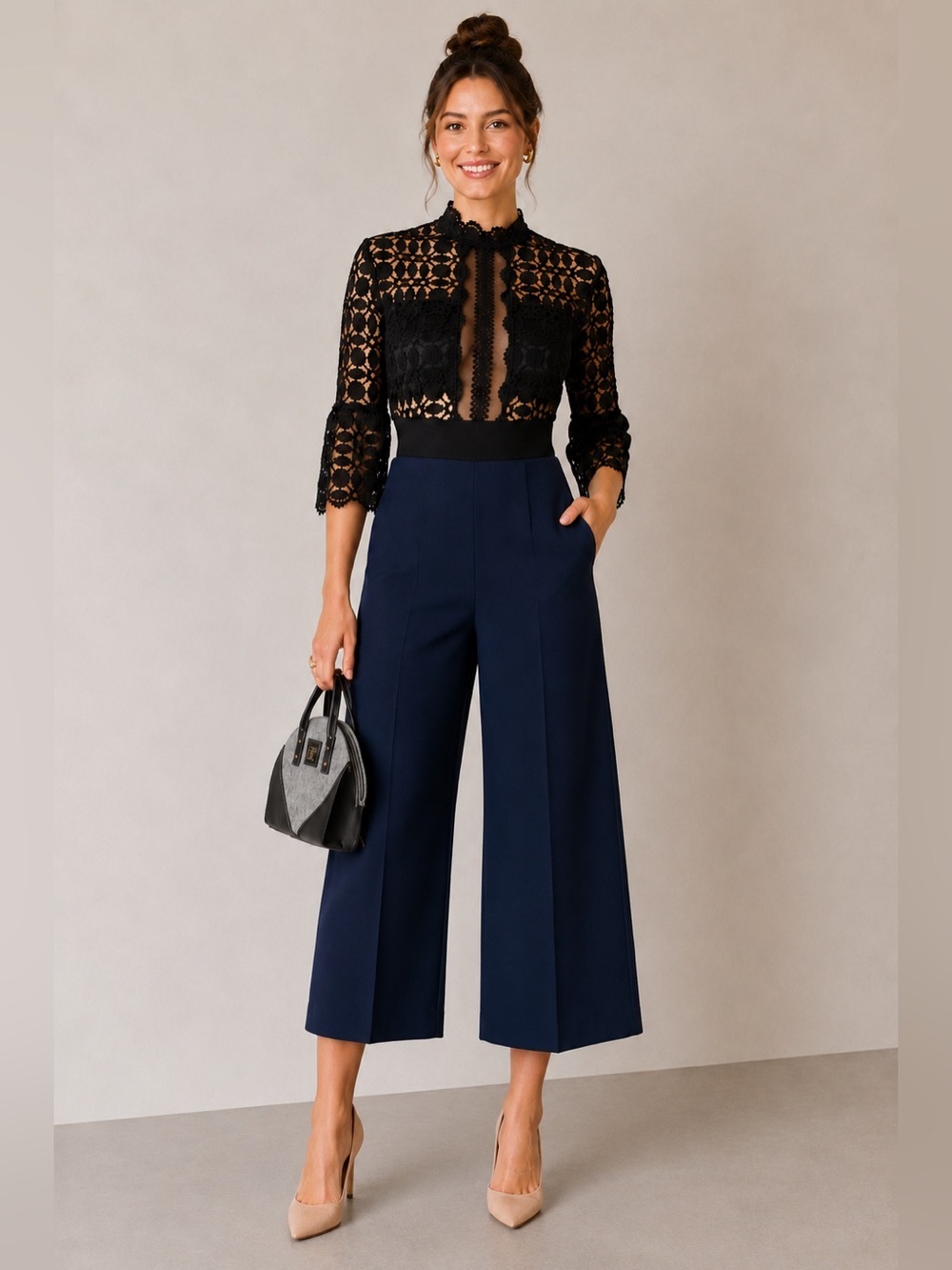 Self-Portrait Lace Mock Neck Wide Leg Jumpsuit Celebrity Favorite Size 2